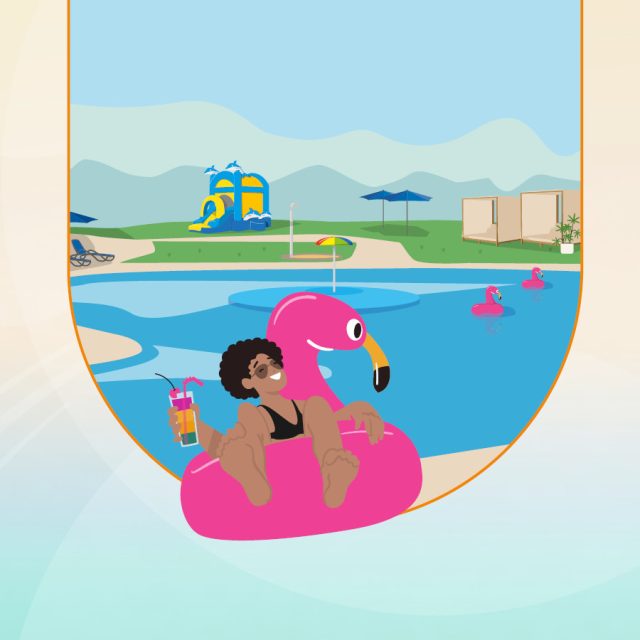 Frau auf aufblasbarem Flamingo im Freibad
