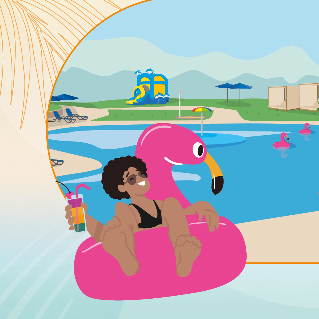 Frau auf aufblasbarem Flamingo im Freibad