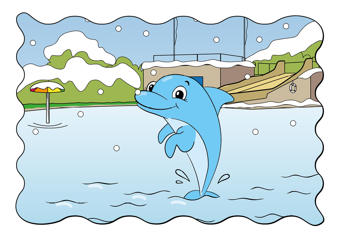 gezeichneter Delfin im Winter-Freibad