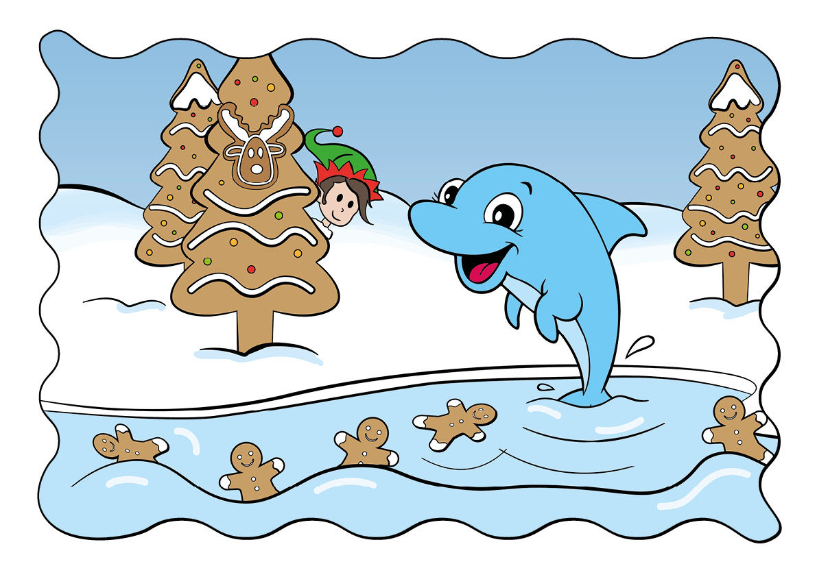 gezeichneter Delfin und ein Wichtel