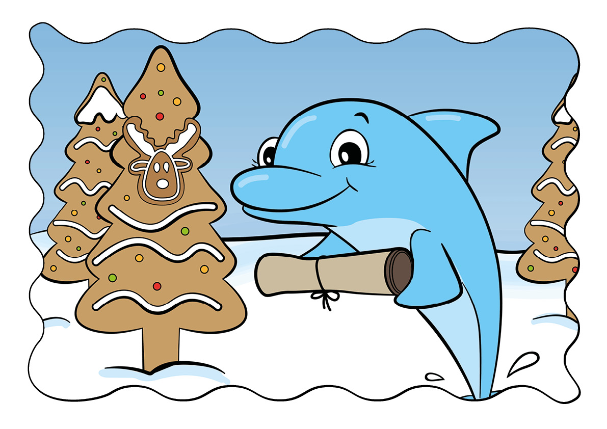 gezeichneter Delfin mit Schriftrolle