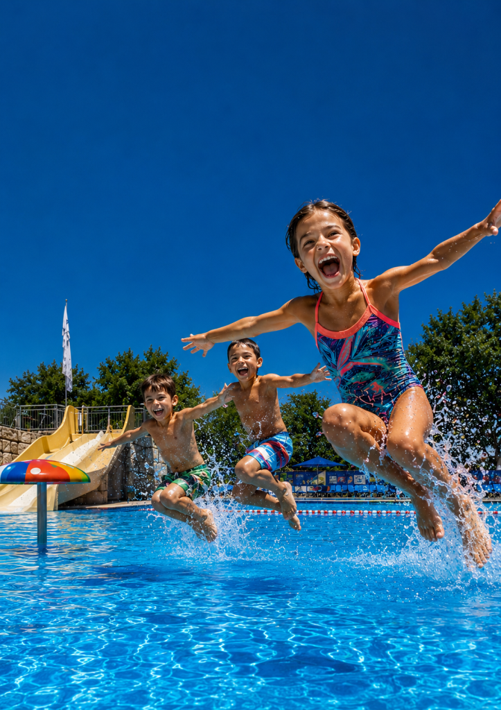 Kinder springen im Freibad